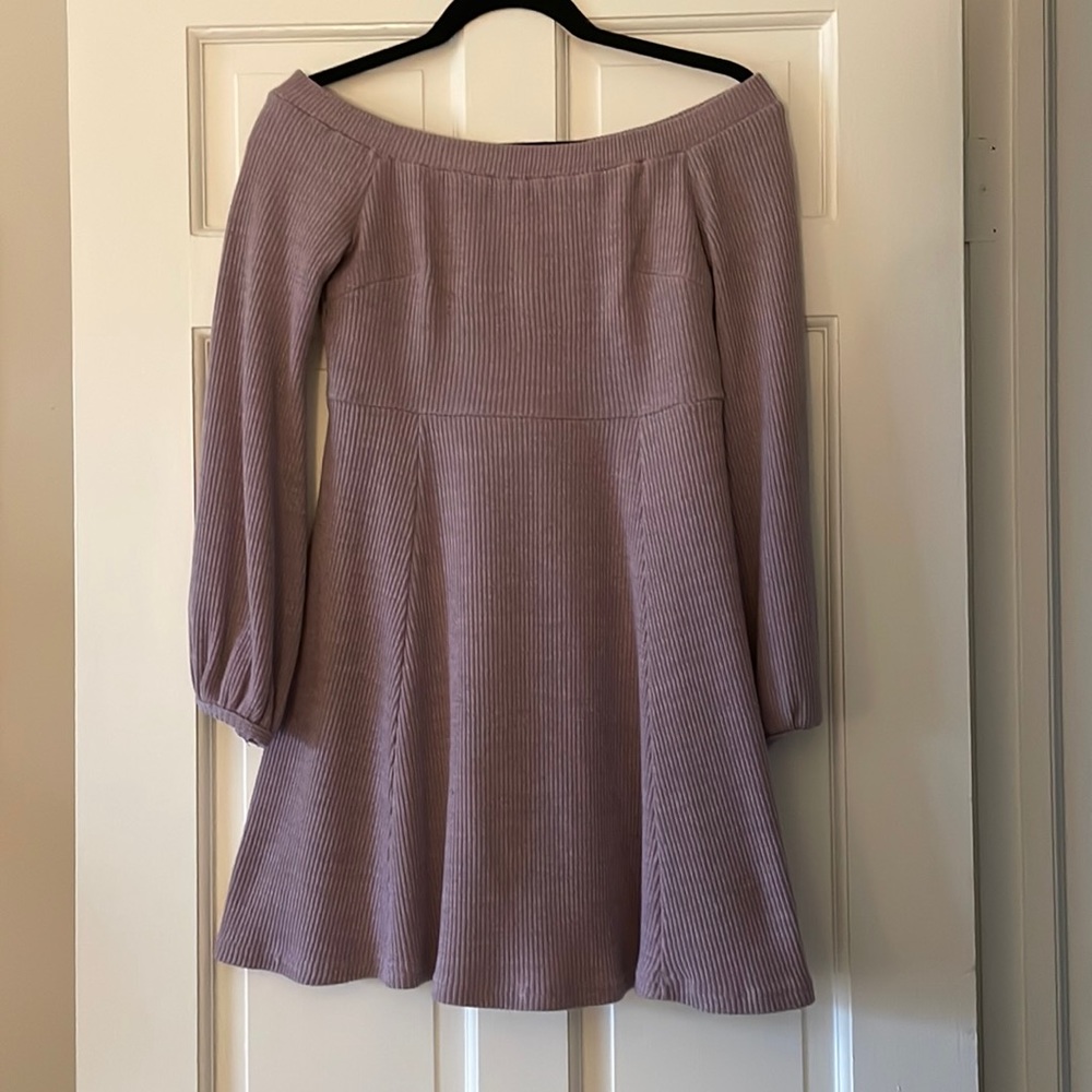 Lavender Ribbed Off the Shoulder Long Sleeve Dress